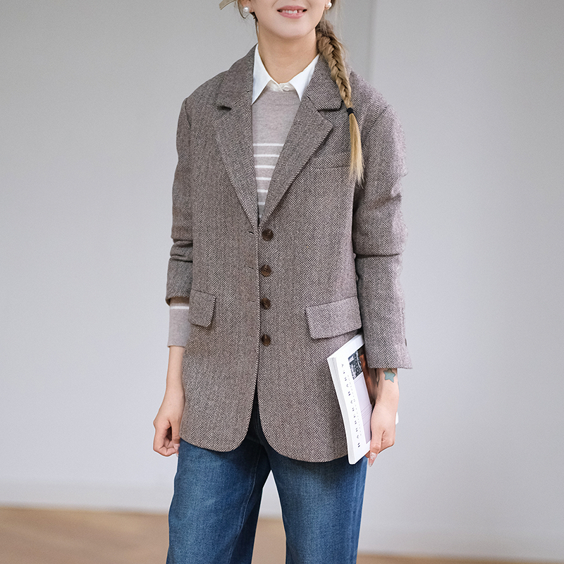 那禾新品人字纹休闲绵羊毛西装上衣女ND43DN1025