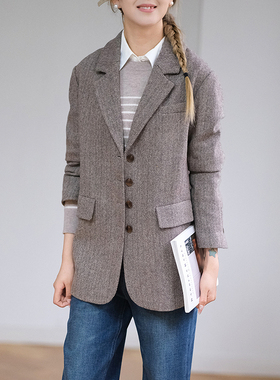 那禾新品人字纹休闲绵羊毛西装上衣女ND43DN1025