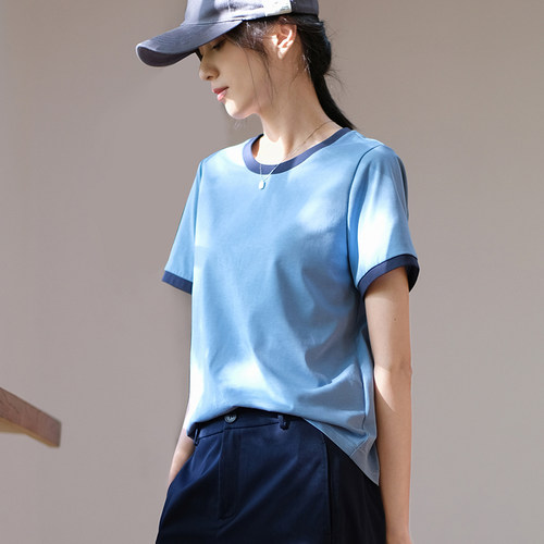 那禾夏季新品撞色圆领经典款短袖T恤女上衣ND42TY0305