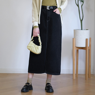 那禾秋冬新款 前开叉加绒黑色牛仔半裙女ND34QZ5942