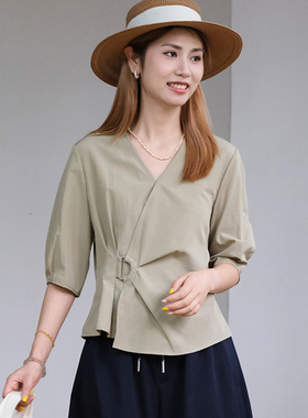 那禾夏季新品亚麻混纺斜襟扭结衬衫短袖女NW62CQ1601