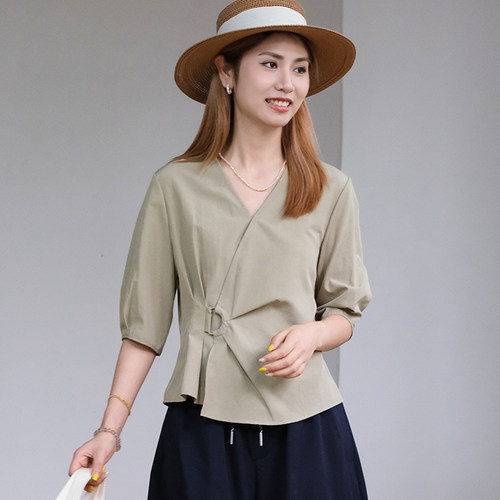 那禾夏季新品亚麻混纺斜襟扭结衬衫短袖女NW62CQ1601