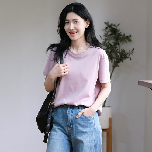 那禾新品纯色宽松圆领短袖T恤女ND52TY5657
