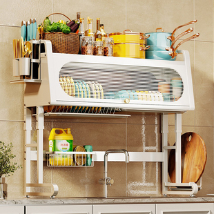 厨房水槽置物架高低可调节台面碗碟碗盘收纳架水池碗柜带门沥水架