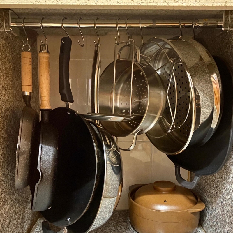 厨房锅具收纳架壁挂式不锈钢挂杆挂钩厨具砧板置物架勺子铲锅挂架