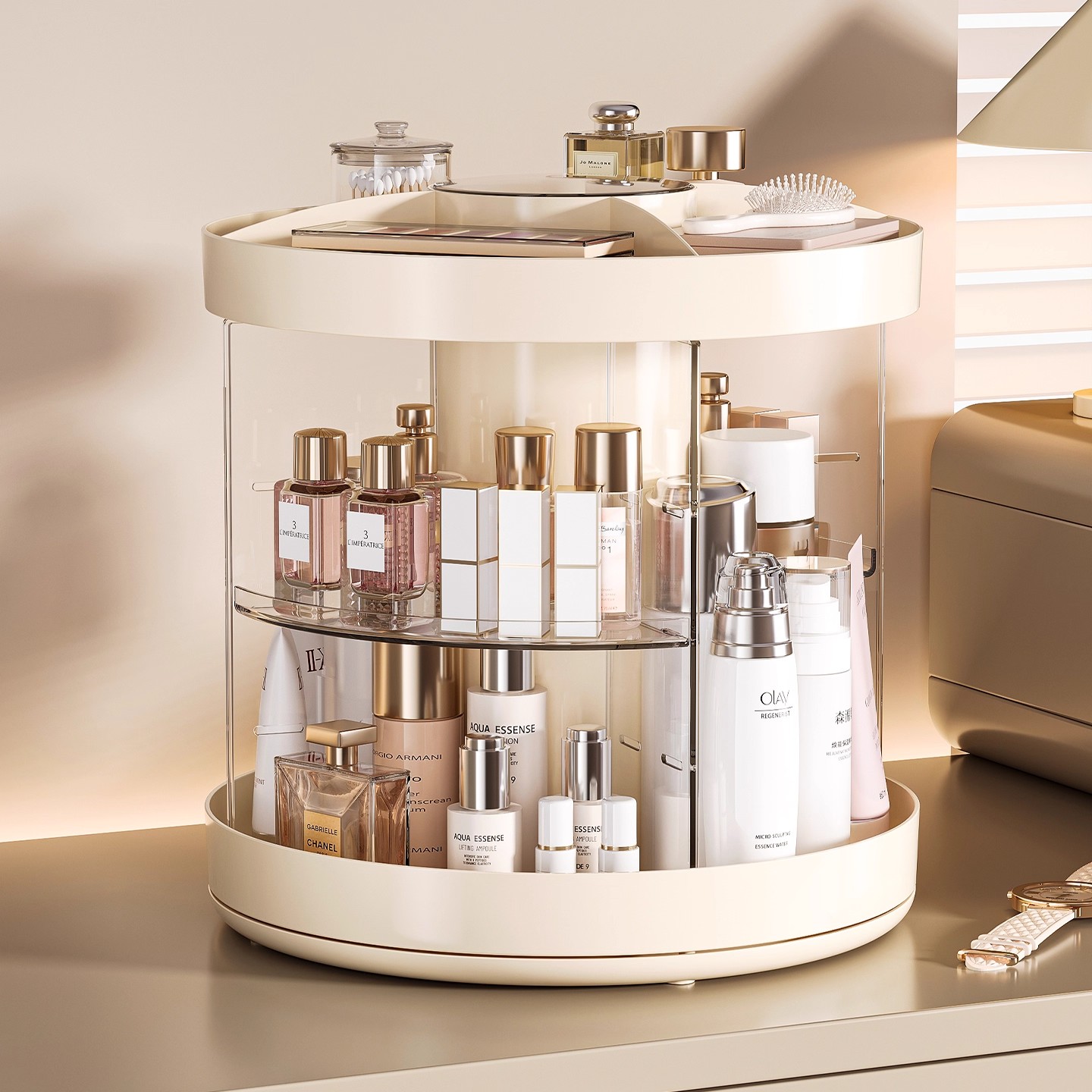 化妆品收纳盒子桌面旋转置物架梳妆台高级感口红化妆刷透明收纳筒