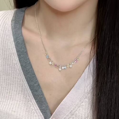 彩色锆石珍珠吊坠圆珠项链女款高级感轻奢小众锁骨链2026新款颈链