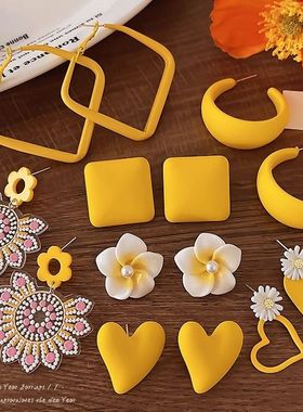 黄色耳环女小众设计感耳钉2025年新款爆款甜美花朵高级感气质耳饰