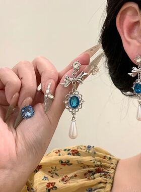 八音盒~法式优雅复古宫延蓝色水滴珍珠耳钉无耳洞耳夹耳夹女