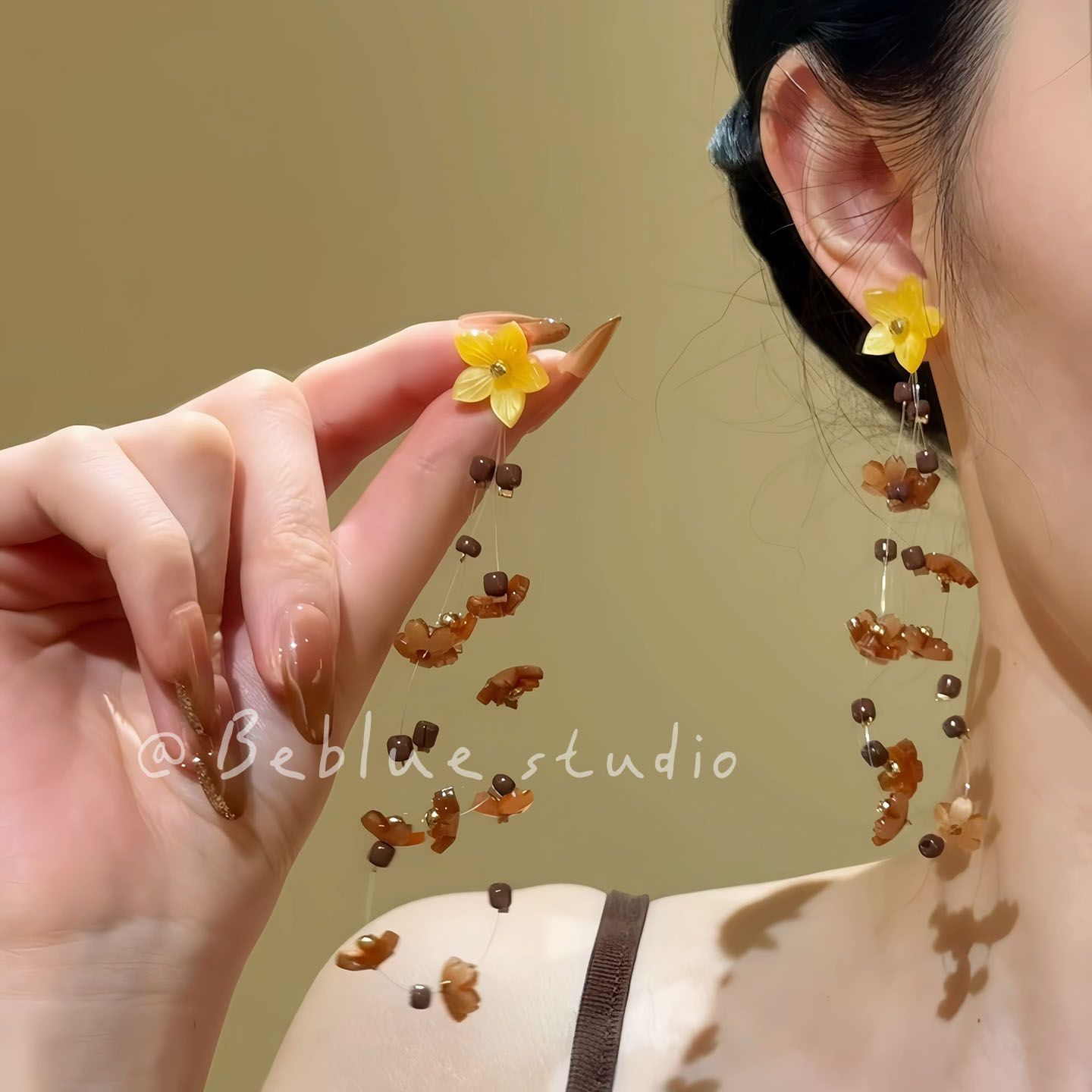 沙漠玫瑰~美拉德花朵串珠长流苏耳钉女2025新款耳环独特漂亮耳饰