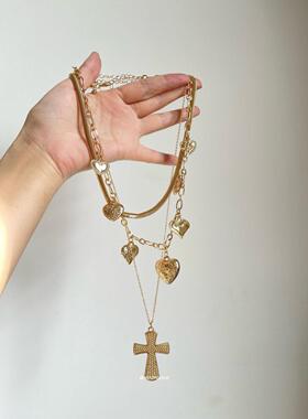 Vintage古着金色十字架爱心流苏项链复古小众设计多层叠戴锁骨链