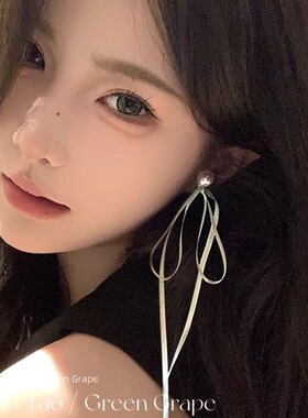 海边氛围感耳饰长款芭蕾风仙气绿色蝴蝶结丝带耳饰女独特耳钉
