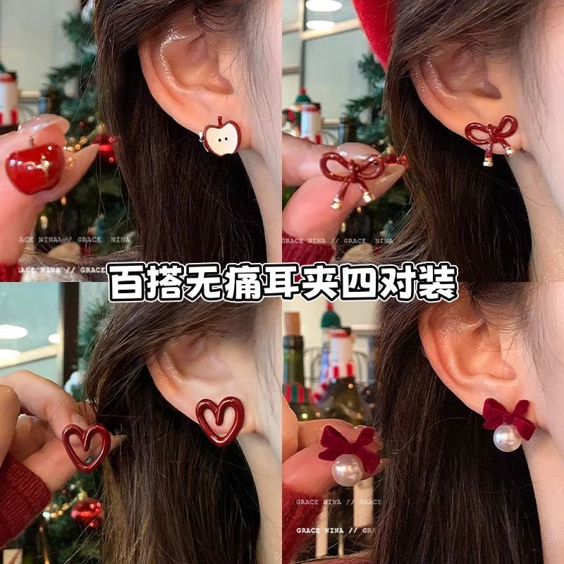 苹苹安安!新年红色撞色苹果耳钉女精致小巧耳环耳夹2025新款爆款