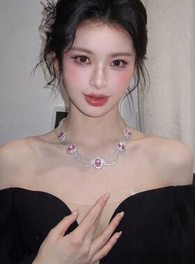 「粉玫绮梦」法式宫廷风超闪粉色锆石项链优雅气质轻奢绝美锁骨链