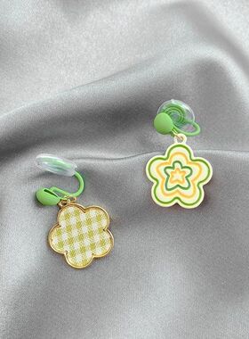夏日小清新耳环甜美风绿色不对称花朵超仙耳钉蚊香盘无耳洞耳夹女
