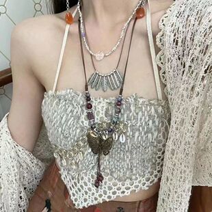 小众复古项链民族出游搭配波西羽毛锁骨链树叶文艺感木珠锁骨链