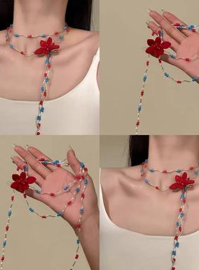 蔷薇家原创【春之灵韵】春夏季明媚花朵项链红蓝串珠choker锁骨链
