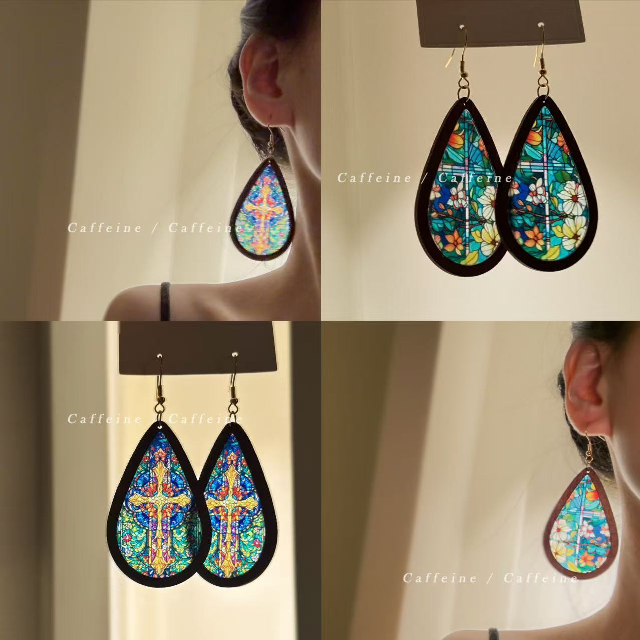 当光经过花窗~巴洛克复古木质亚克力水滴教堂印花耳环耳饰耳钉女