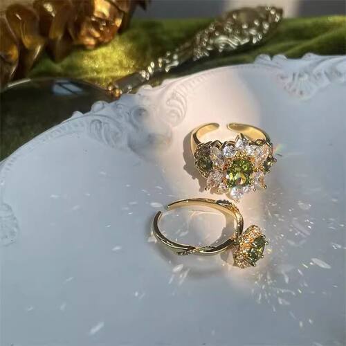 vintage中古戒指女ins橄榄绿锆石食指戒复古轻奢高级法式开口指环
