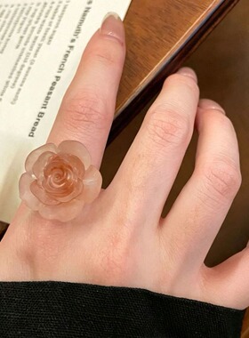 渐变粉玫瑰花朵戒指女新中式清冷感通透玫瑰花串珠指环