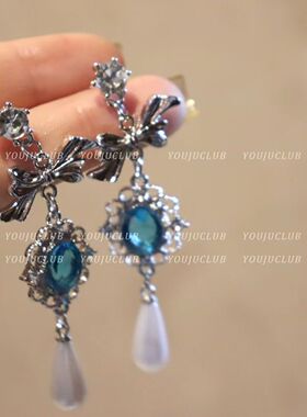 八音盒~法式优雅复古宫延蓝色水滴珍珠耳钉无耳洞耳夹耳夹女