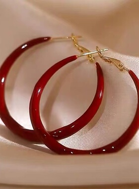 复古红色滴釉耳圈2024年新款秋冬精致高级感小众女耳饰