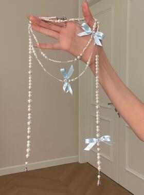 原创【韩系初恋】蓝色蝴蝶结重工项链长款叠戴锁骨链毛衣链