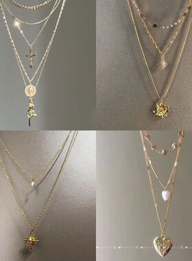 玫瑰多层小王子玫瑰花十字架rose吊坠时尚项链复古锁骨叠戴项链