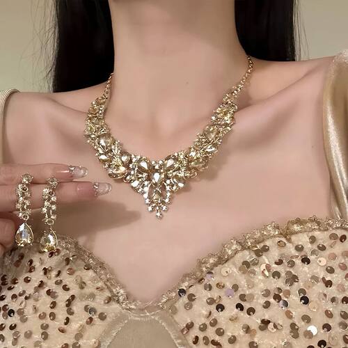 【璀璨星环】宫廷风金色闪钻水滴项链耳环新娘晚宴礼服锁骨链耳钉