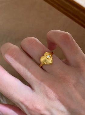 中古拉丝爱心戒指女精致轻奢小众设计ins气质简约高级食指戒指环