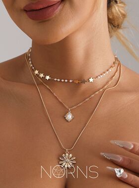 Vintage欧美五角星太阳元素锁骨细链个性创意三层吊坠项链