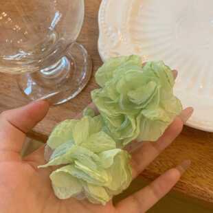 轻奢薄荷绿法式雪纺纱花朵超仙水晶耳环小众夸张度假风设计耳饰女