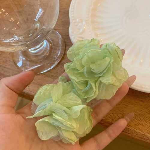 轻奢薄荷绿法式雪纺纱花朵超仙水晶耳环小众夸张度假风设计耳饰女