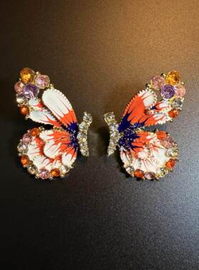 开花的橄榄 Vintage古着 Gem Butterflies红色蝴蝶耳钉 耳环 耳饰