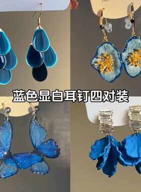 蓝色滴釉水滴流苏耳环女轻奢小众设计耳钉高级感耳坠耳饰