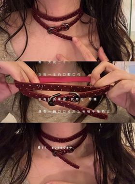 「柏林少女」复古手工choker项链女秋冬红色氛围感项圈皮革脖颈带