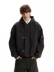 A Puee American Retro Washed Vintage-Style Hooded Jacket with Airplane Buckle Design, Trendy Boxy Fit Short Coat