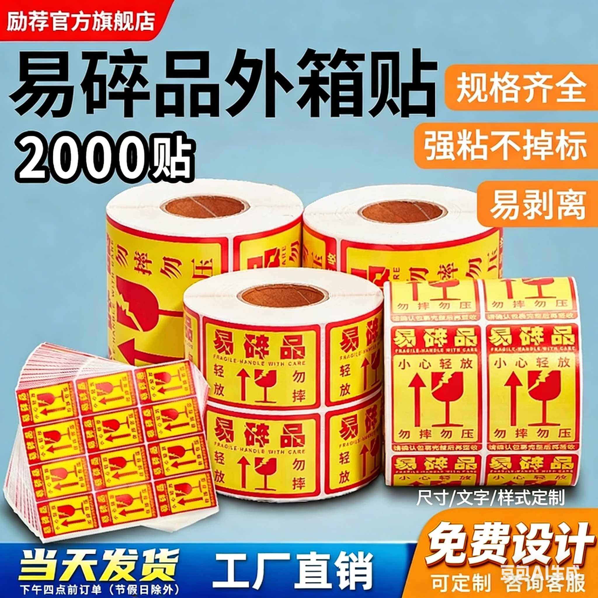 励荐易碎品标签贴快递小心轻放物流包装中英文危险标识牌警示生鲜冷藏防摔防拆不干胶标签贴纸外箱易碎贴标签