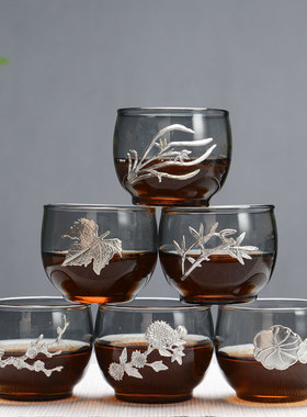 烟灰色小茶杯功夫品茗杯子加厚耐热主人杯单杯茶具带把杯子