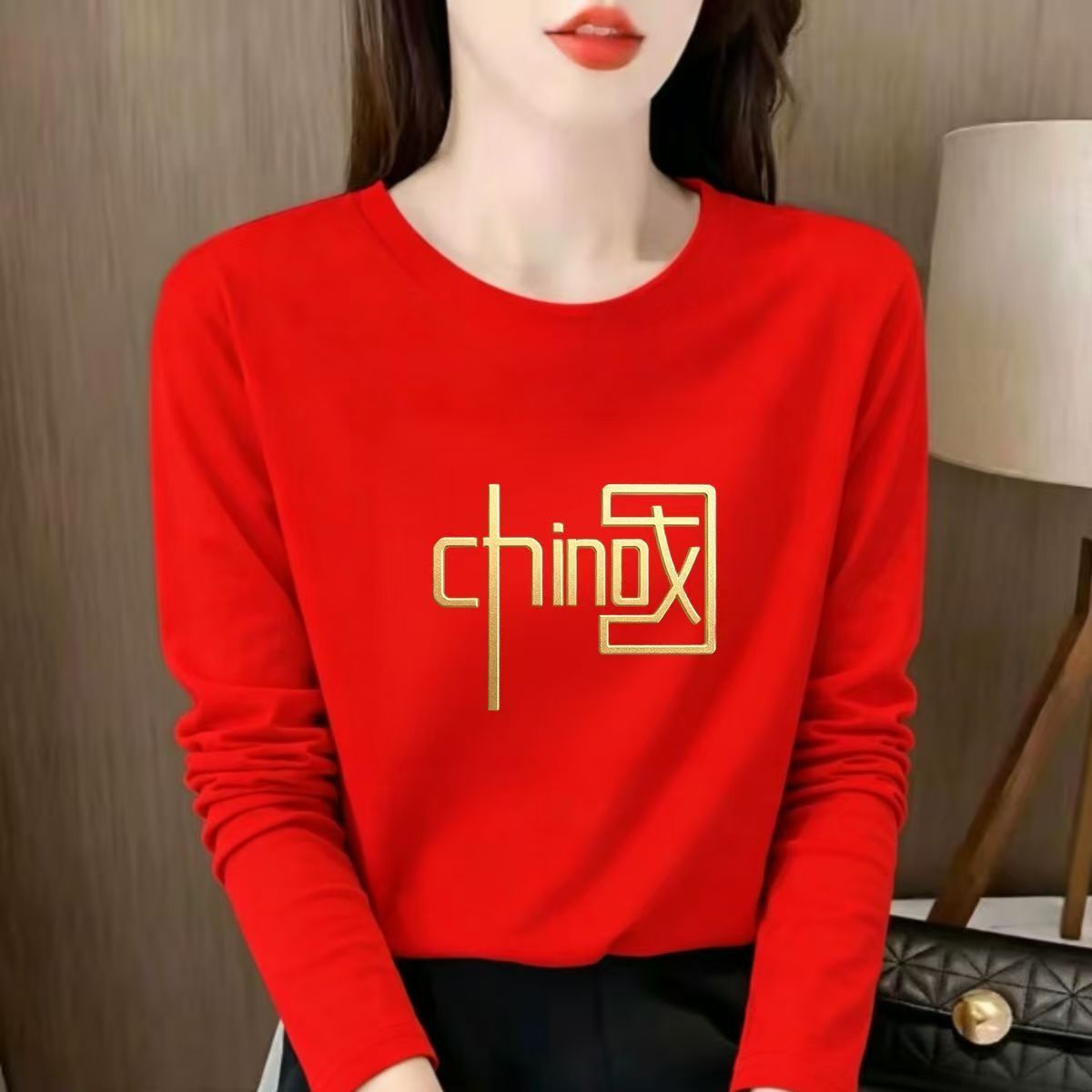 春秋红色国潮长袖上衣china国爱国印花宽松大码成人儿童百搭T恤衫