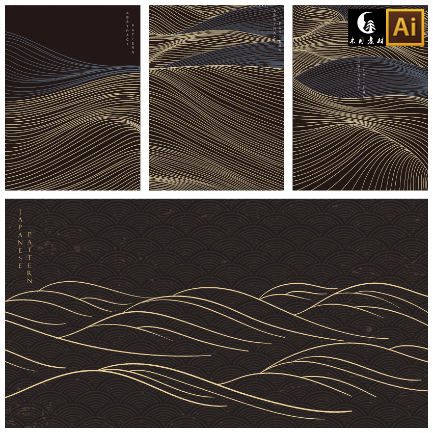 抽象国潮禅意金色线描山脉山林仙鹤装饰画背景矢量图片设计素材图片