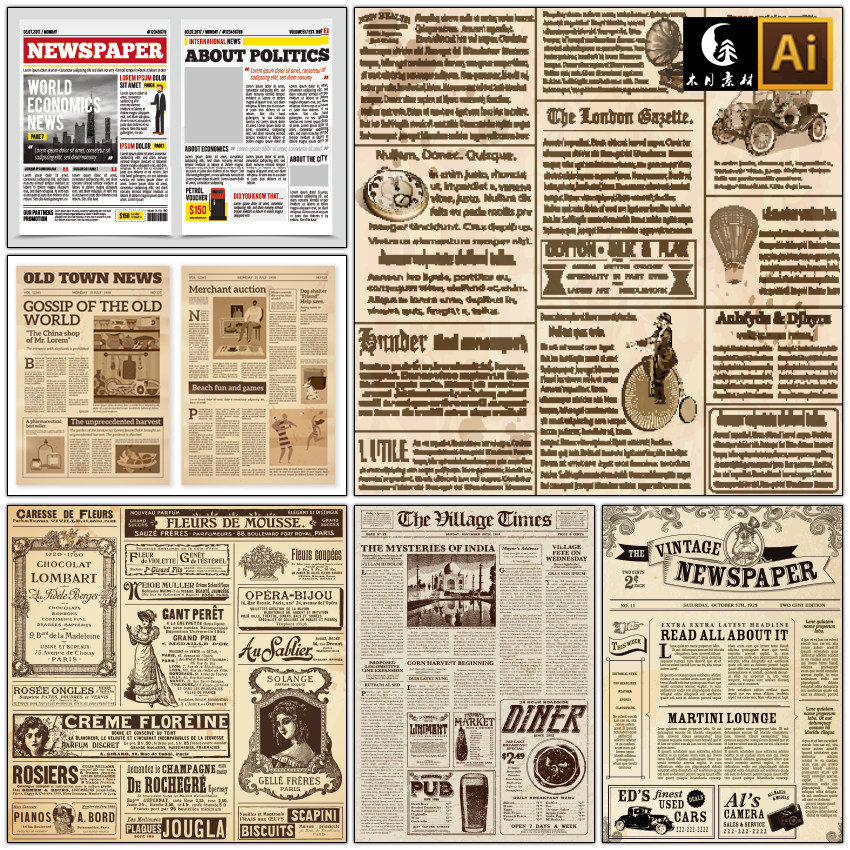 复古怀旧海报周刊报纸文本文章插图矢量图片设计素材