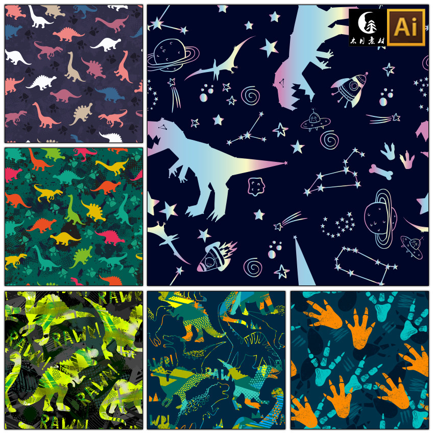 抽象涂鸦恐龙服装纺织四方无缝链接印花图案矢量图片设计素材
