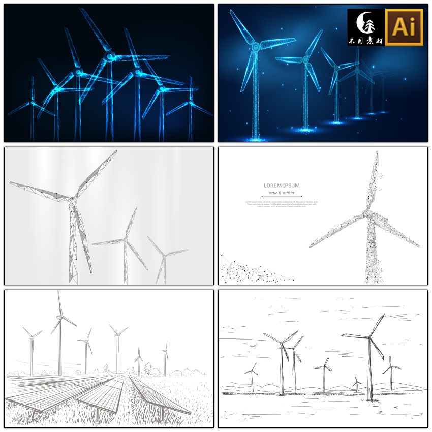 未来主义线描风力涡轮机发电可持续能...