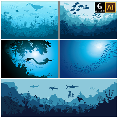 卡通剪影风海底世界美人鱼鲸鱼鱼群矢量图片设计素材