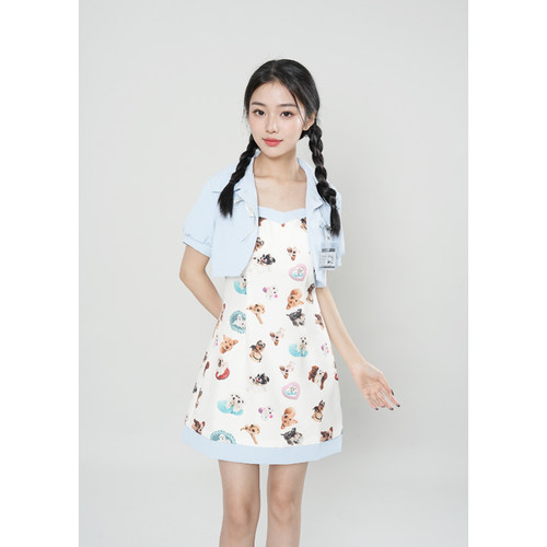 【星星糖】夏季新款印花甜辣学院风收腰显瘦吊带裙+蓝色开衫套装