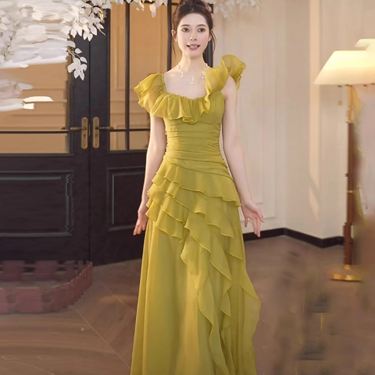 法式纯欲辣妹高级感收腰修身不规则a字裙荷叶边一字肩连衣裙女夏