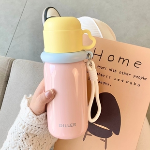 保温杯少女心马克龙色学生专用儿童水杯带盖男孩双饮高颜值吸管杯