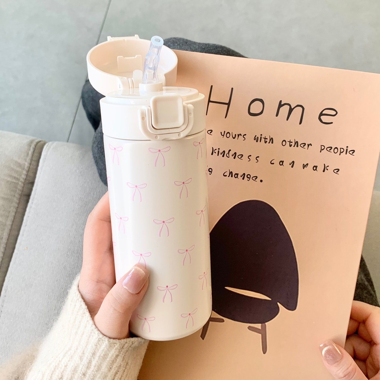 双饮水杯2026新款蝴蝶结少女心不锈钢保温杯小巧密封学生吸管杯子