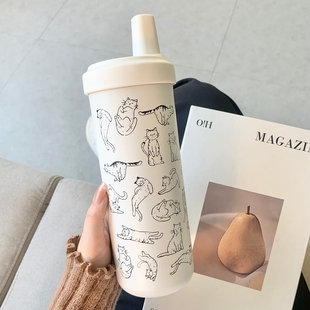 大容量奶茶吸管杯女生简笔画侧吸防漏车载高颜值户外防漏保冷杯子